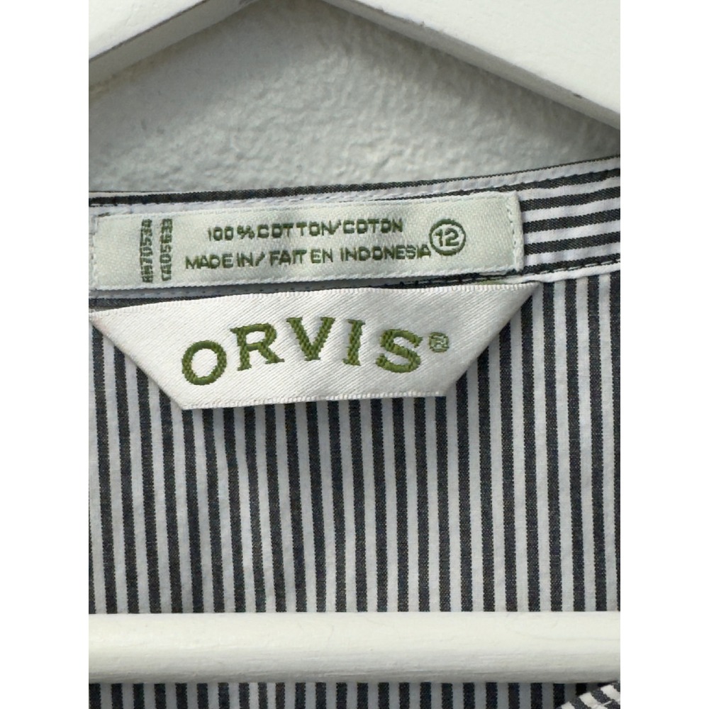 Orvis Pinstripe Ruffle Trim Button Up‎ Blouse Navy Blue White 12 Coastal Grandma - Picture 6 of 6